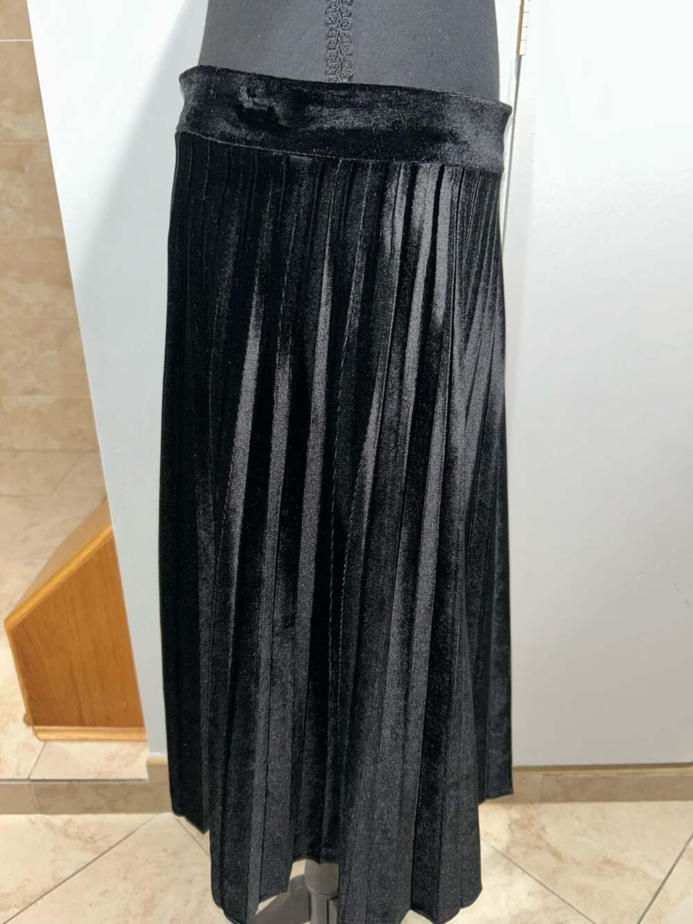 Black Velvet Pleated Midi Skirt